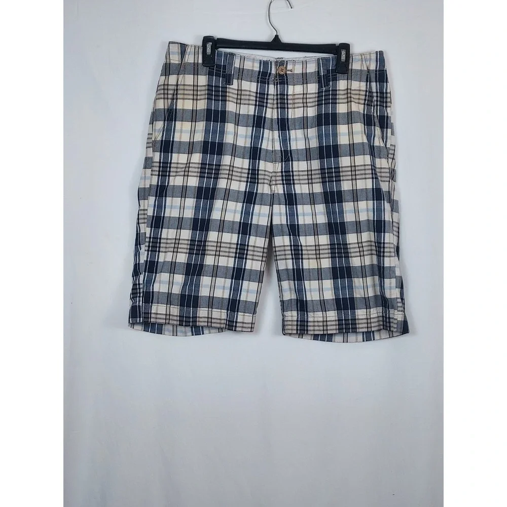 Nautica Mens 33 Shorts Blue Plaid Cotton Flat Front